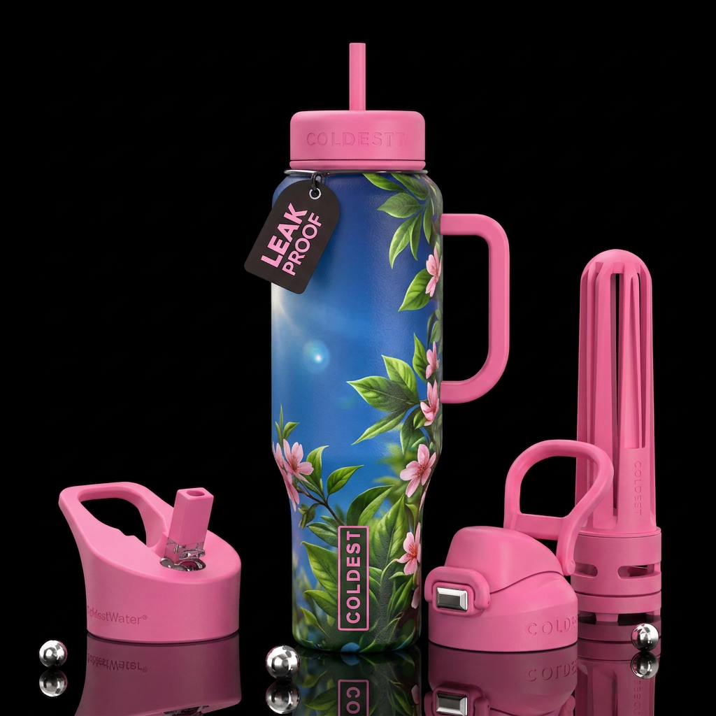 Blue sky, sun, green leaves, pink flowers, pink ha... water bottle design