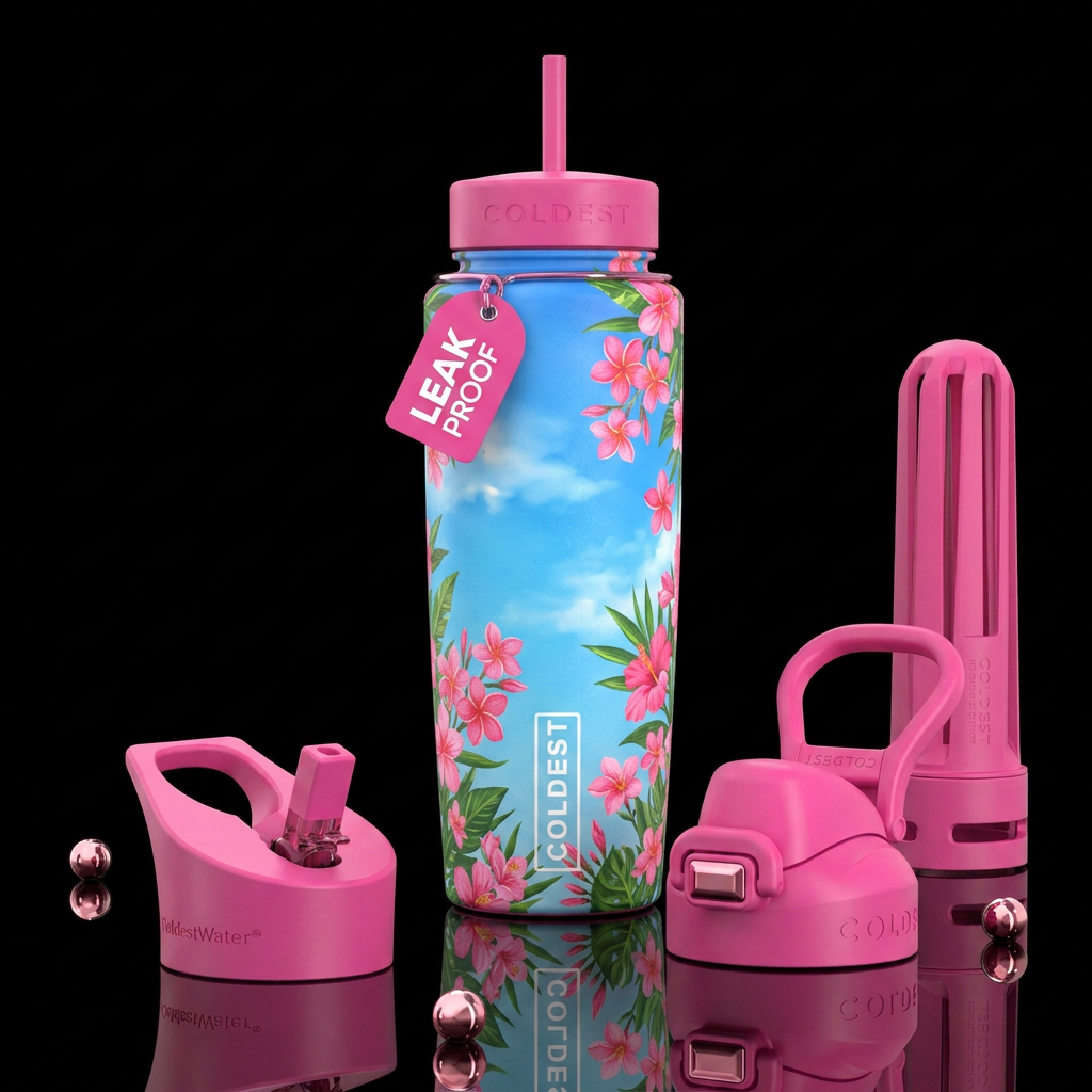 Blue sky, sun, green leaves, pink tropical flowers... water bottle design