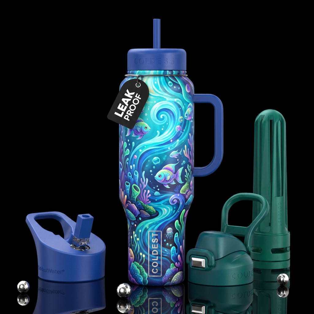 ocean, happy mood, luxurious, magical, vibrant, be... water bottle design
