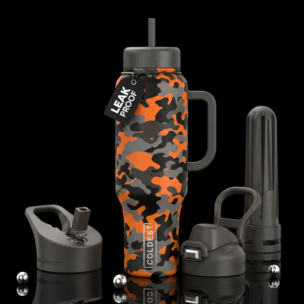 Black and orange and grey camouflage water bottle design
