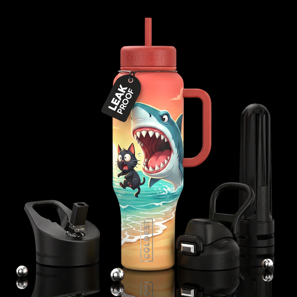 Beach, big cartoon shark about to eat a black cart... water bottle design