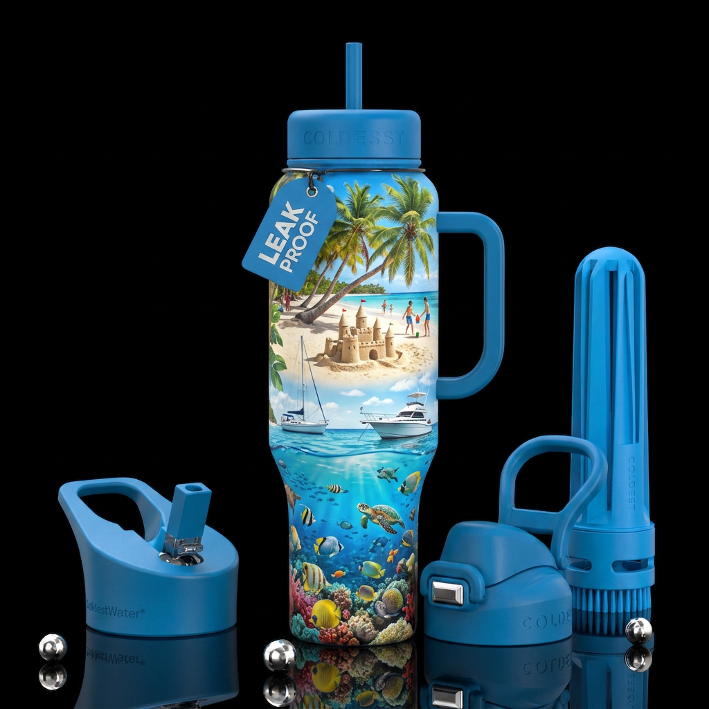 Beach, palm tree, sand castle, boat, bottom of bot... water bottle design