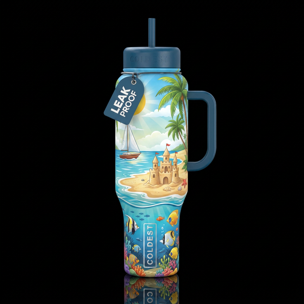 Beach, palm tree, sand castle, boat, bottom of bot... water bottle design