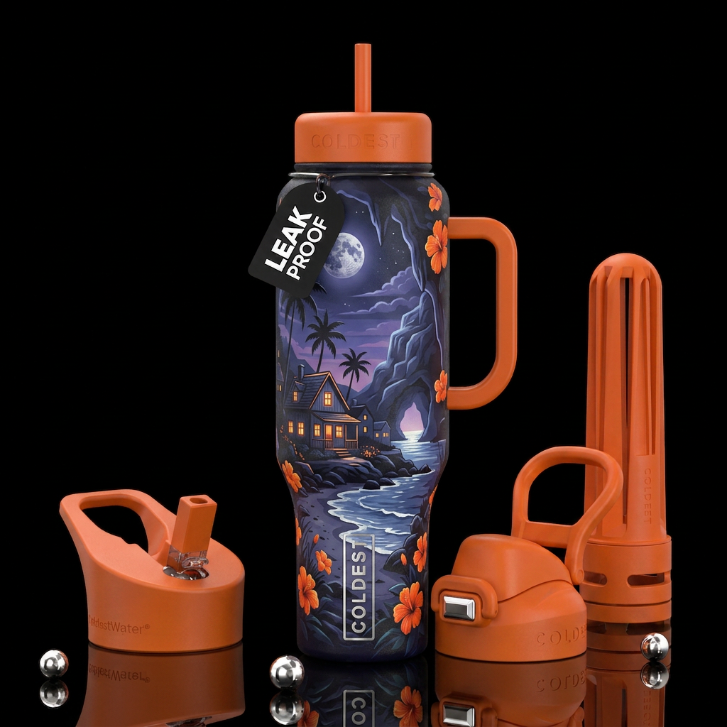 Dark Beach, house, palm tree, moon, rock caverns, ... water bottle design
