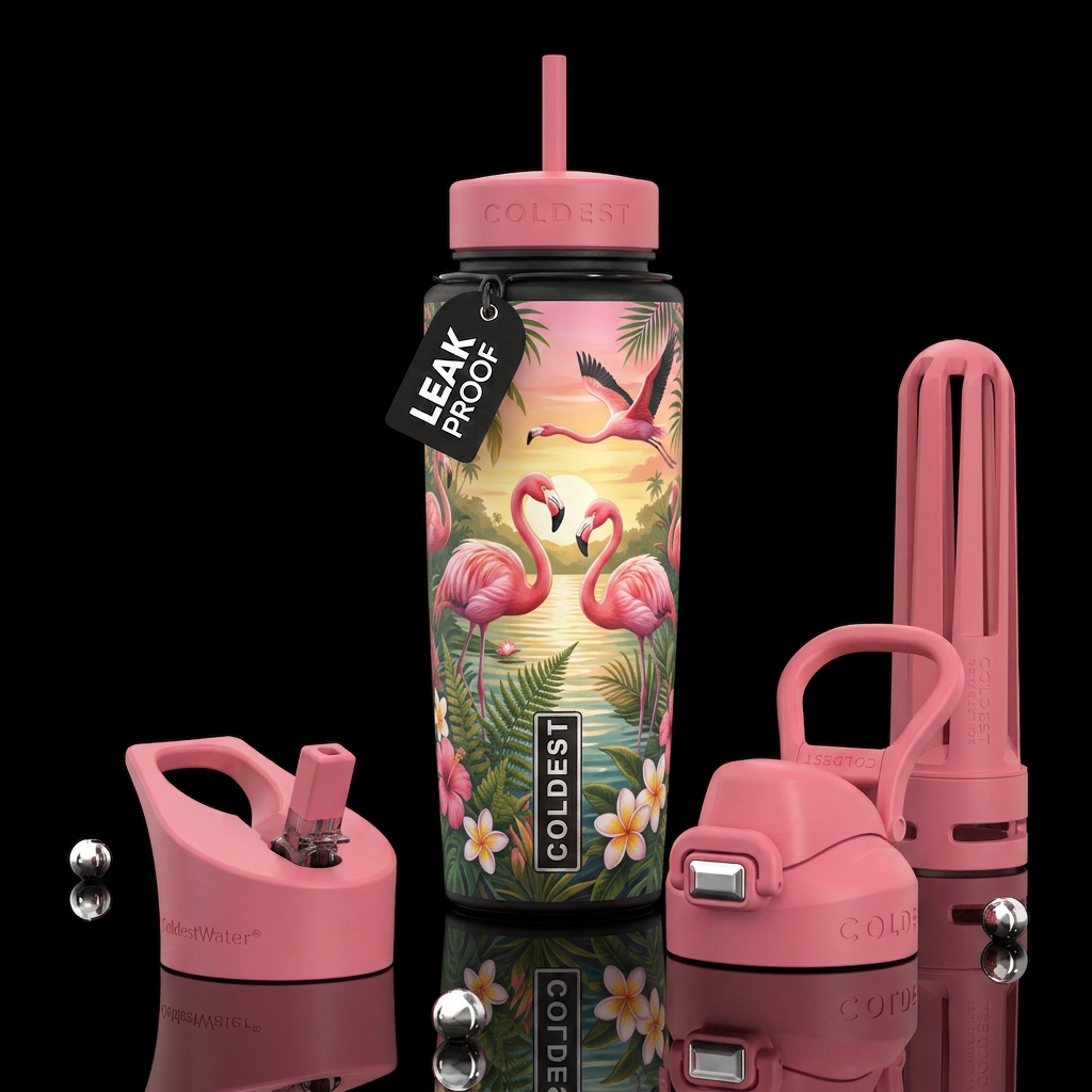 Pink flamingos in the wild water bottle design