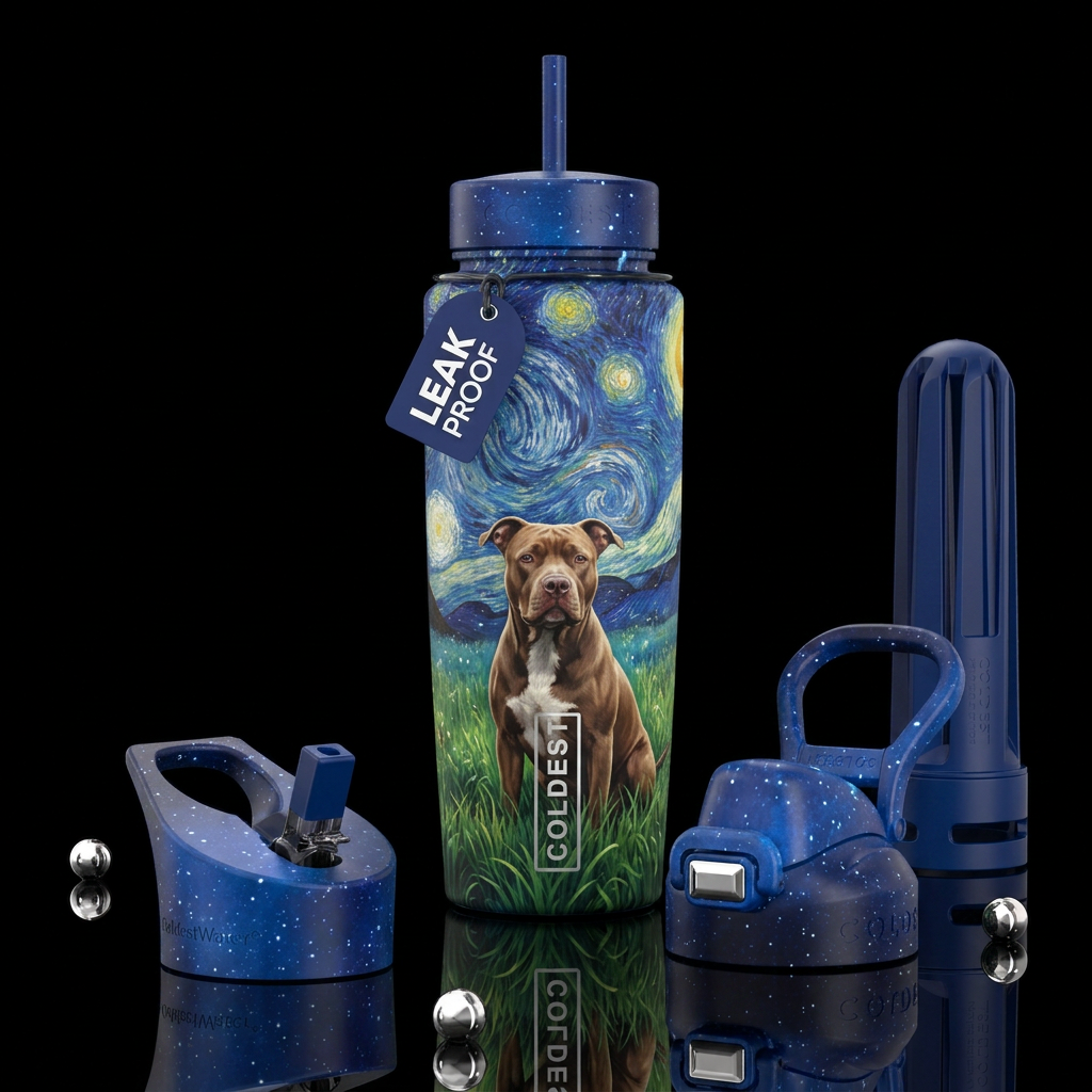 Brown Pitbull sitting in grass, starry night art water bottle design