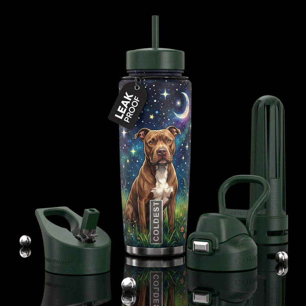 Brown Pitbull sitting in grass, starry night art water bottle design