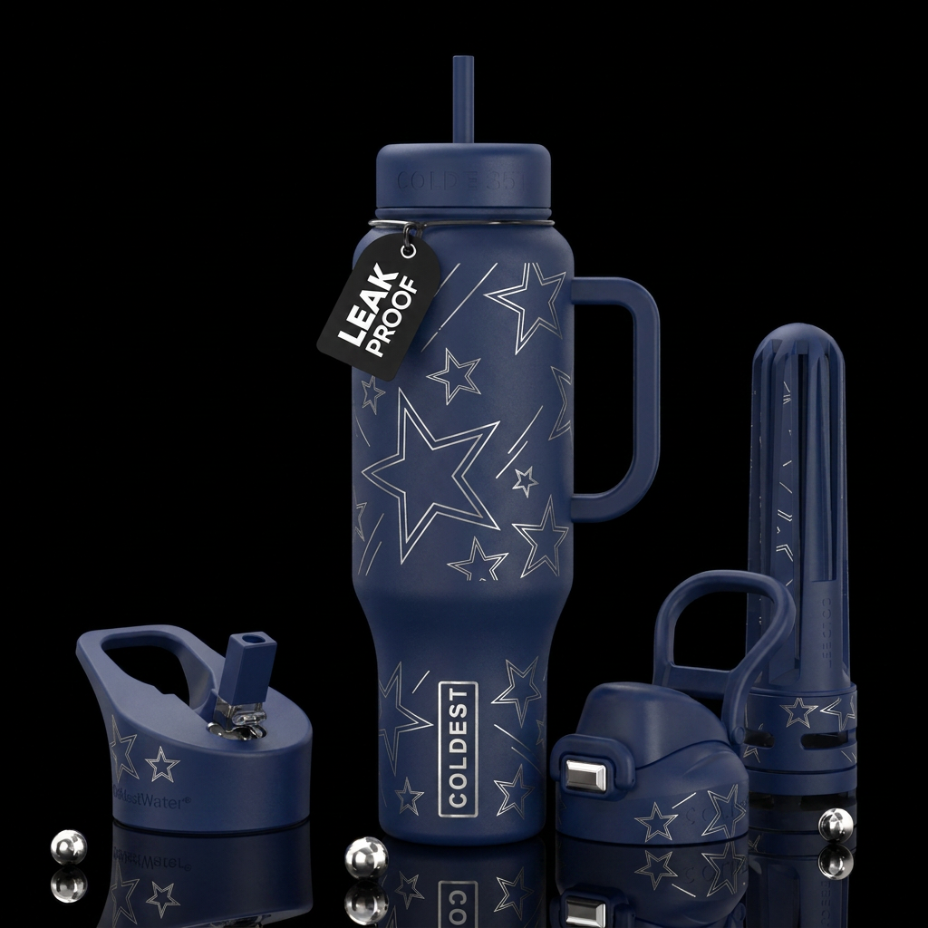 Navy bottle, silver star outlines, abstract water bottle design