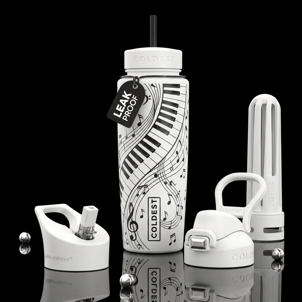 White bottle, piano keys with black musical notes water bottle design