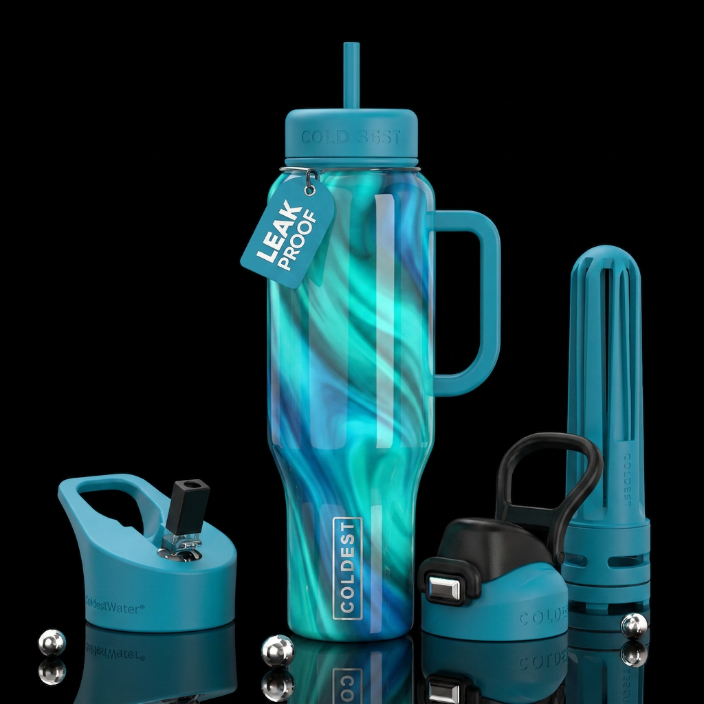 Aura Farming swirls teal and blue water bottle design