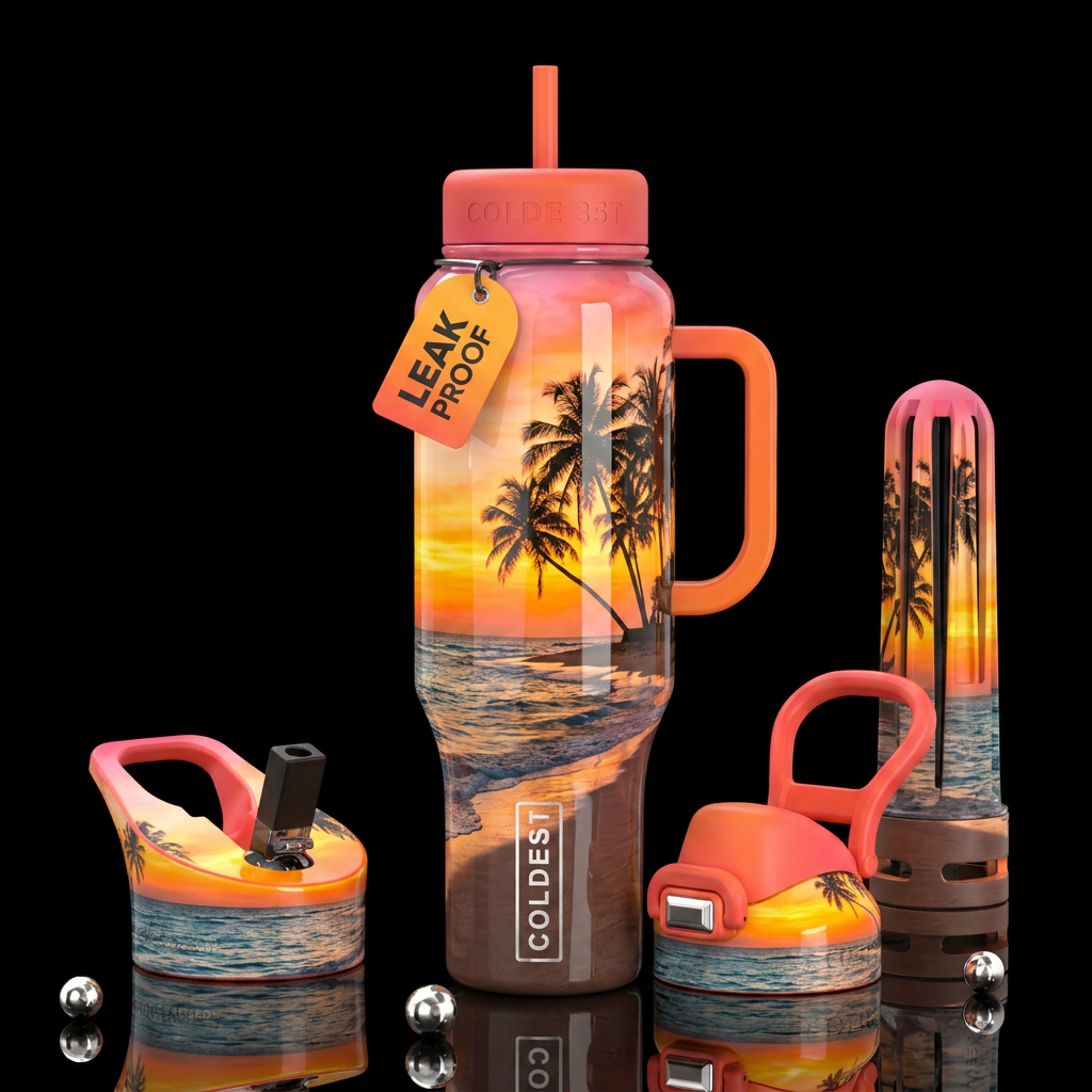 Ocean, beach, orange yellow pink sky, palmtrees water bottle design