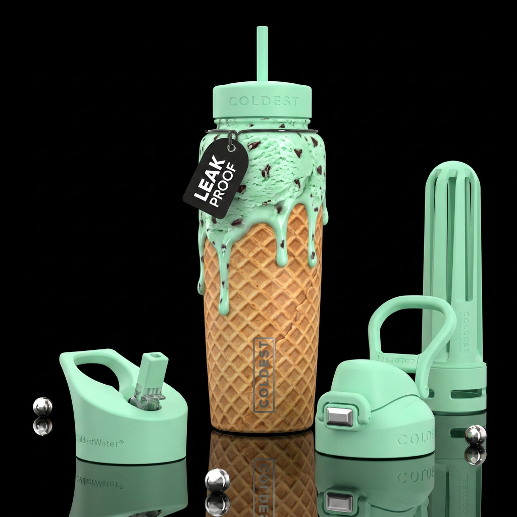 Mint chocolate chip ice cream dripping down a waff... water bottle design