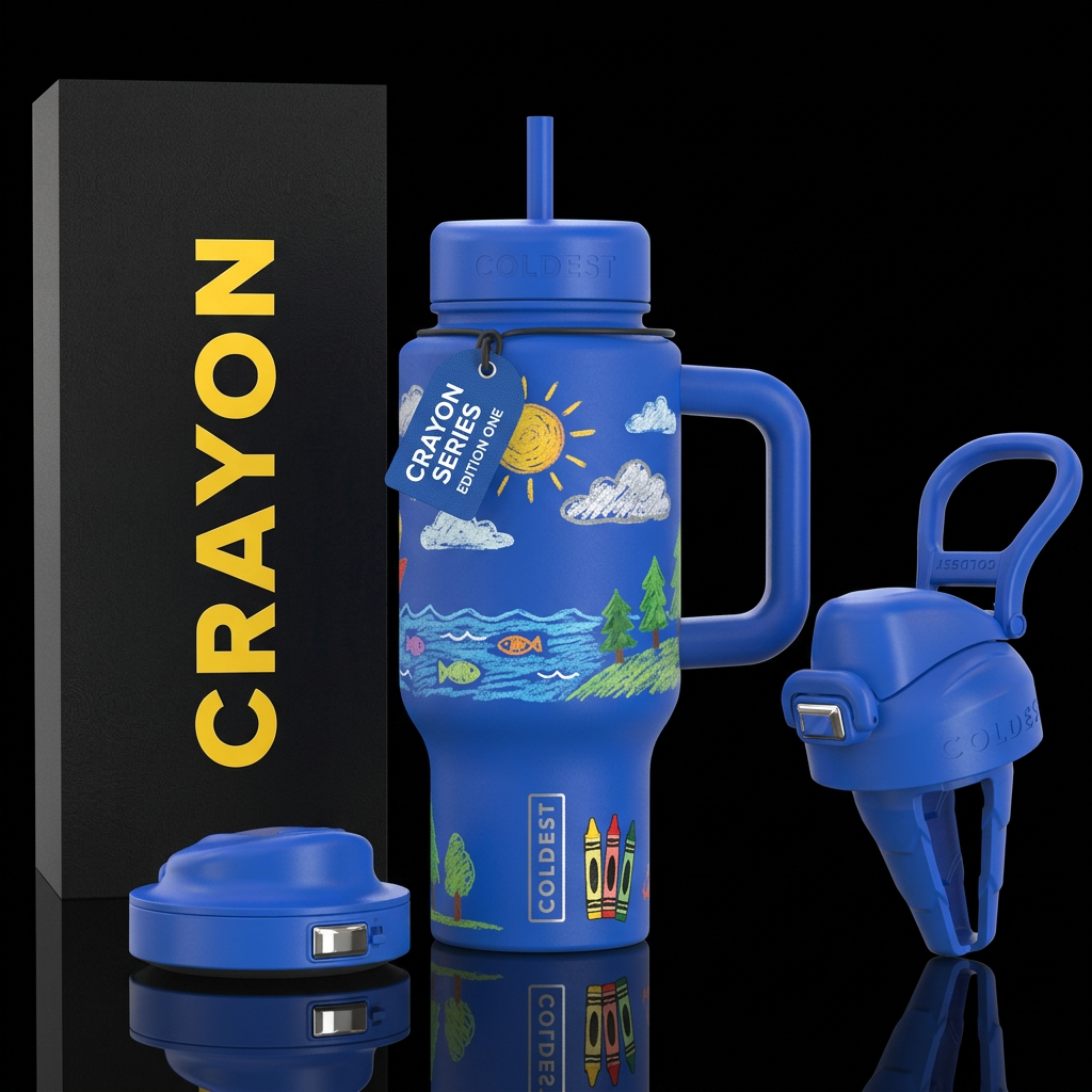 Blue bottle, crayon label water bottle design