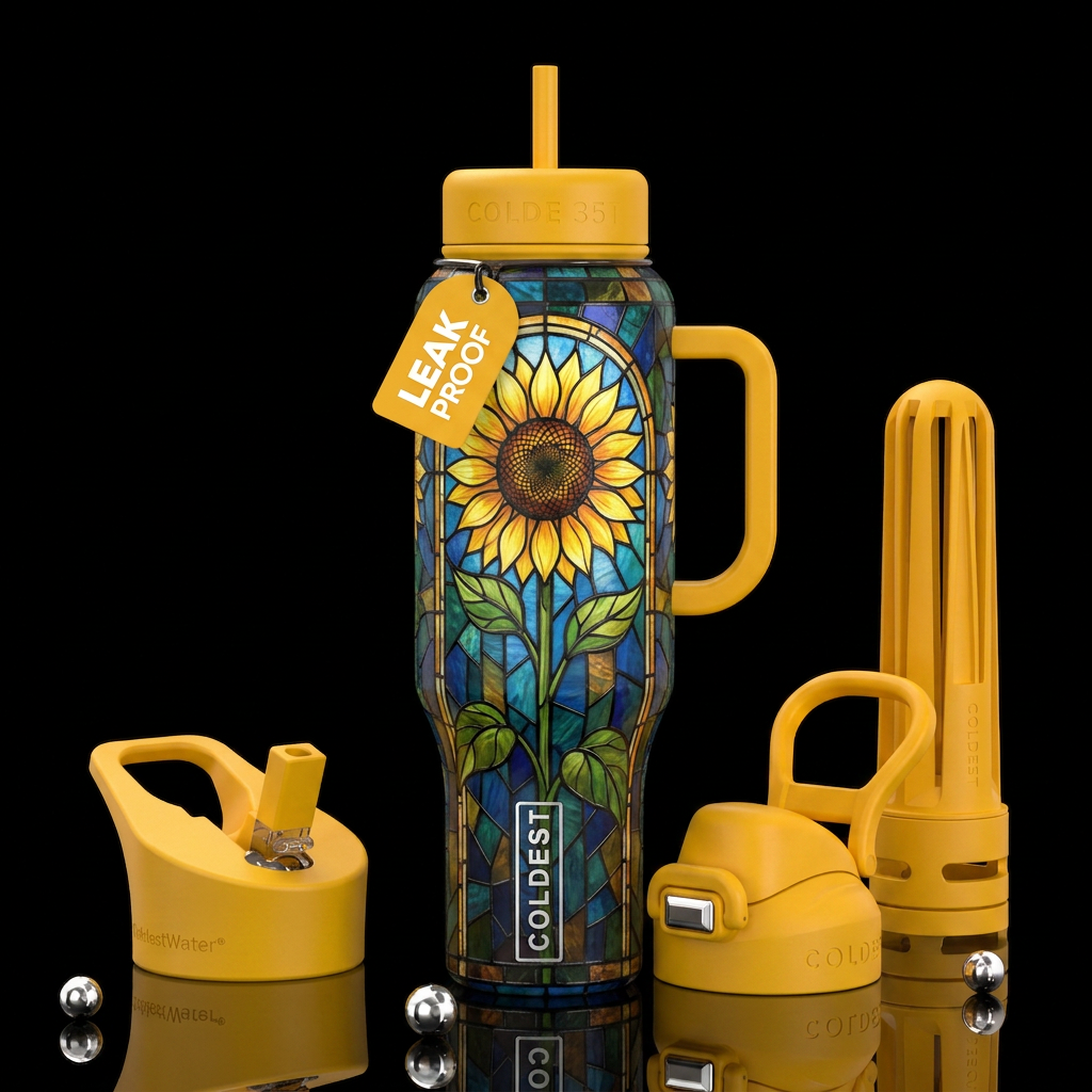 Stained glass with a tall stained glass sunflower water bottle design