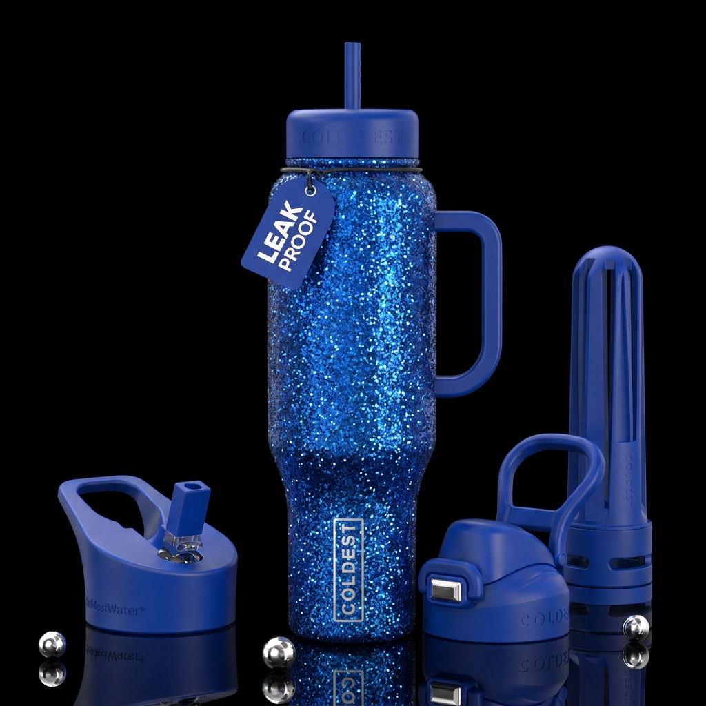 Blue glitter water bottle design