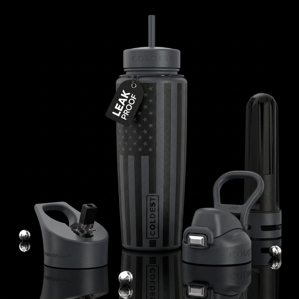 Charcoal bottle, black USA flag water bottle design