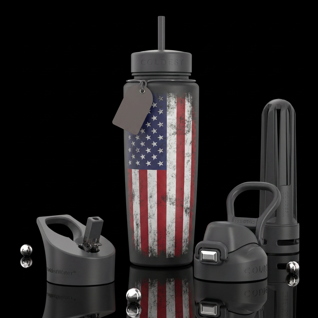 Charcoal bottle, vertical faded usa flag water bottle design