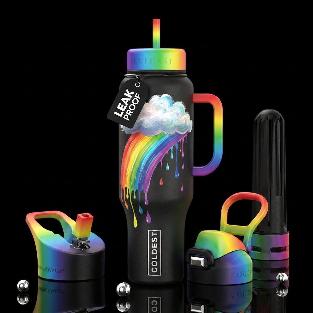 Painting Rainbow drops falling from cloud, rainbow water bottle design