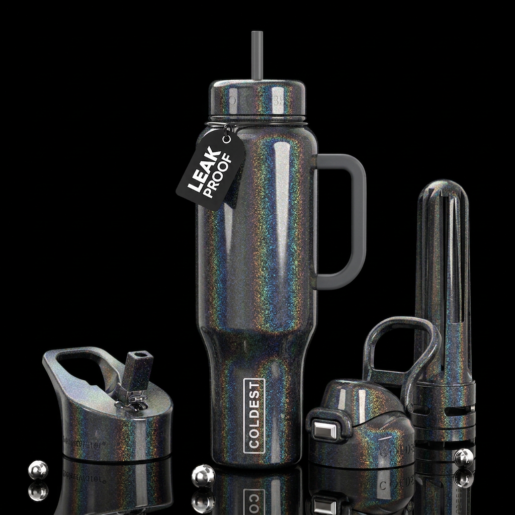 Glossy charcoal with iridescent glitter water bottle design