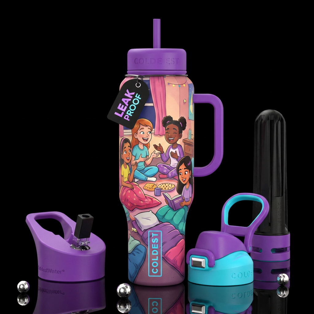 Slumber party, 4 girls of different race, cartoon water bottle design