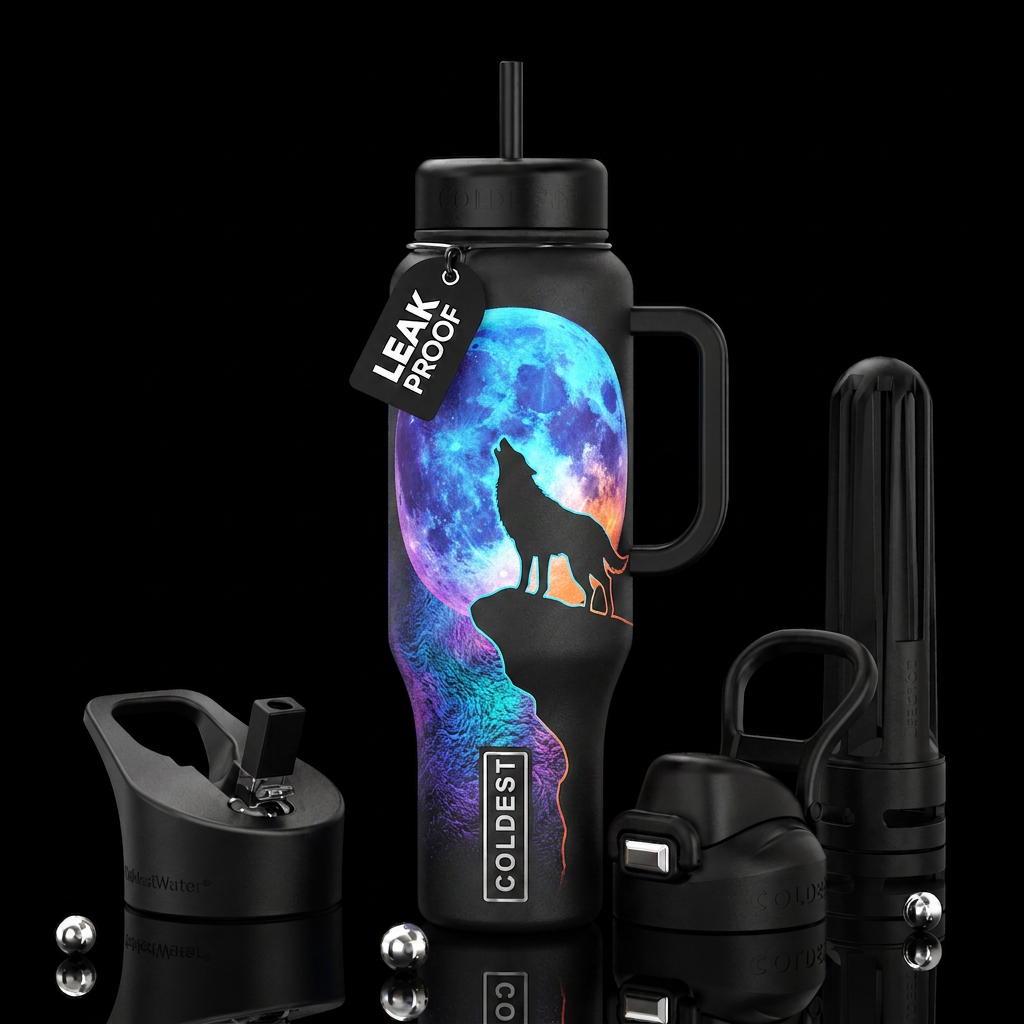 outline of a wolf howling and standing on a cliff,... water bottle design