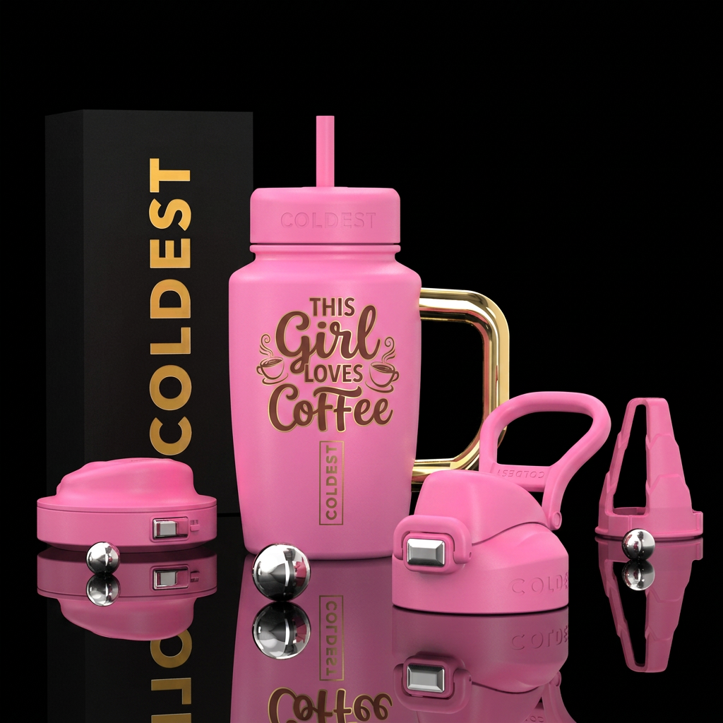 Pink bottle "this girl loves coffee" water bottle design