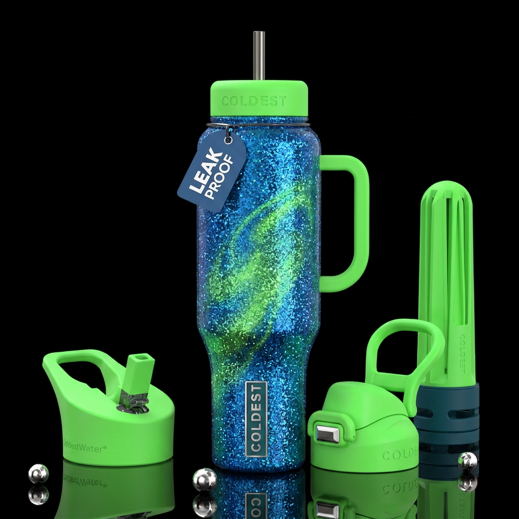 Neon Blue glitter, neon green glitter water bottle design