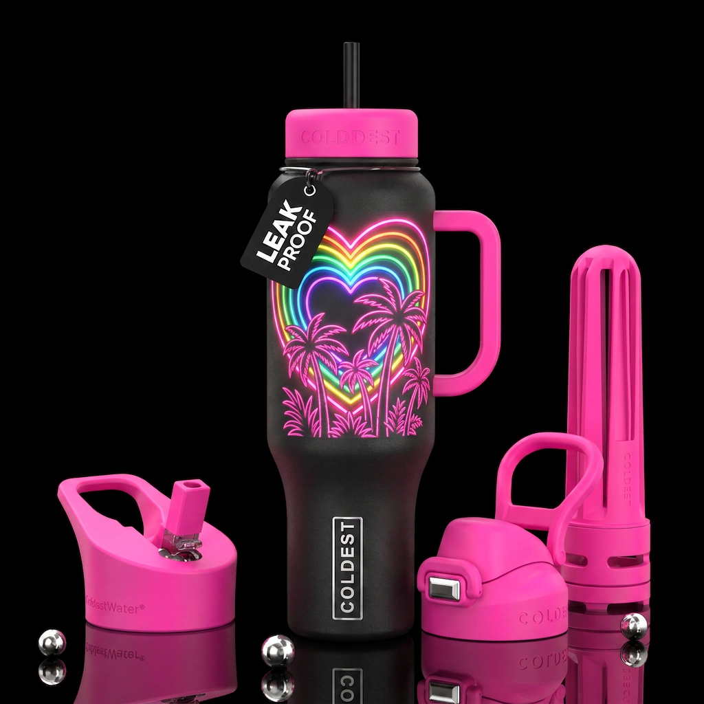 Neon rainbow heart with pink palm trees in front water bottle design