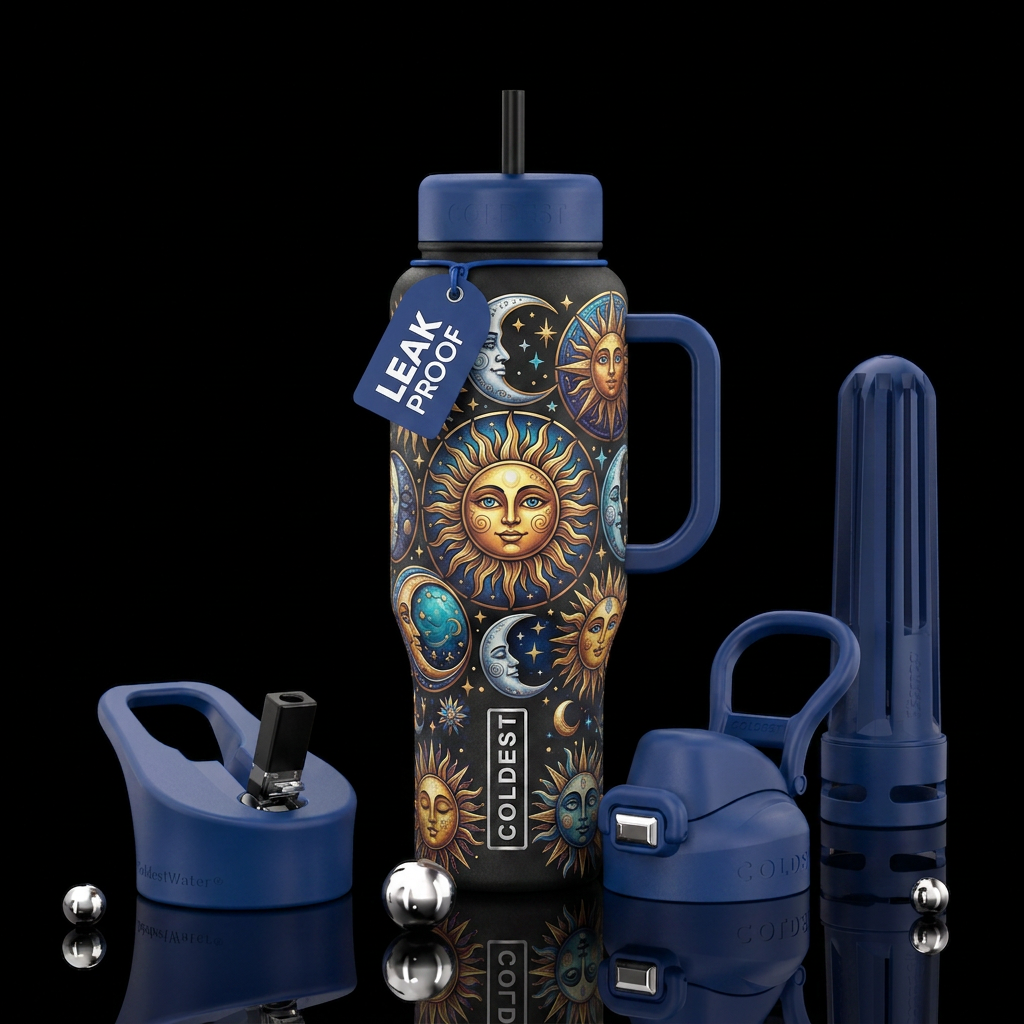 Cartoon suns and moons pattern water bottle design