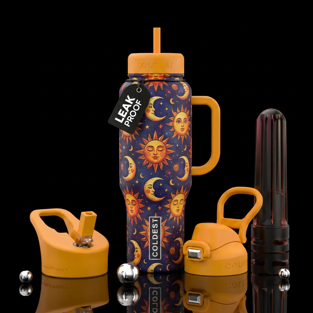 Cartoon suns and moons pattern water bottle design
