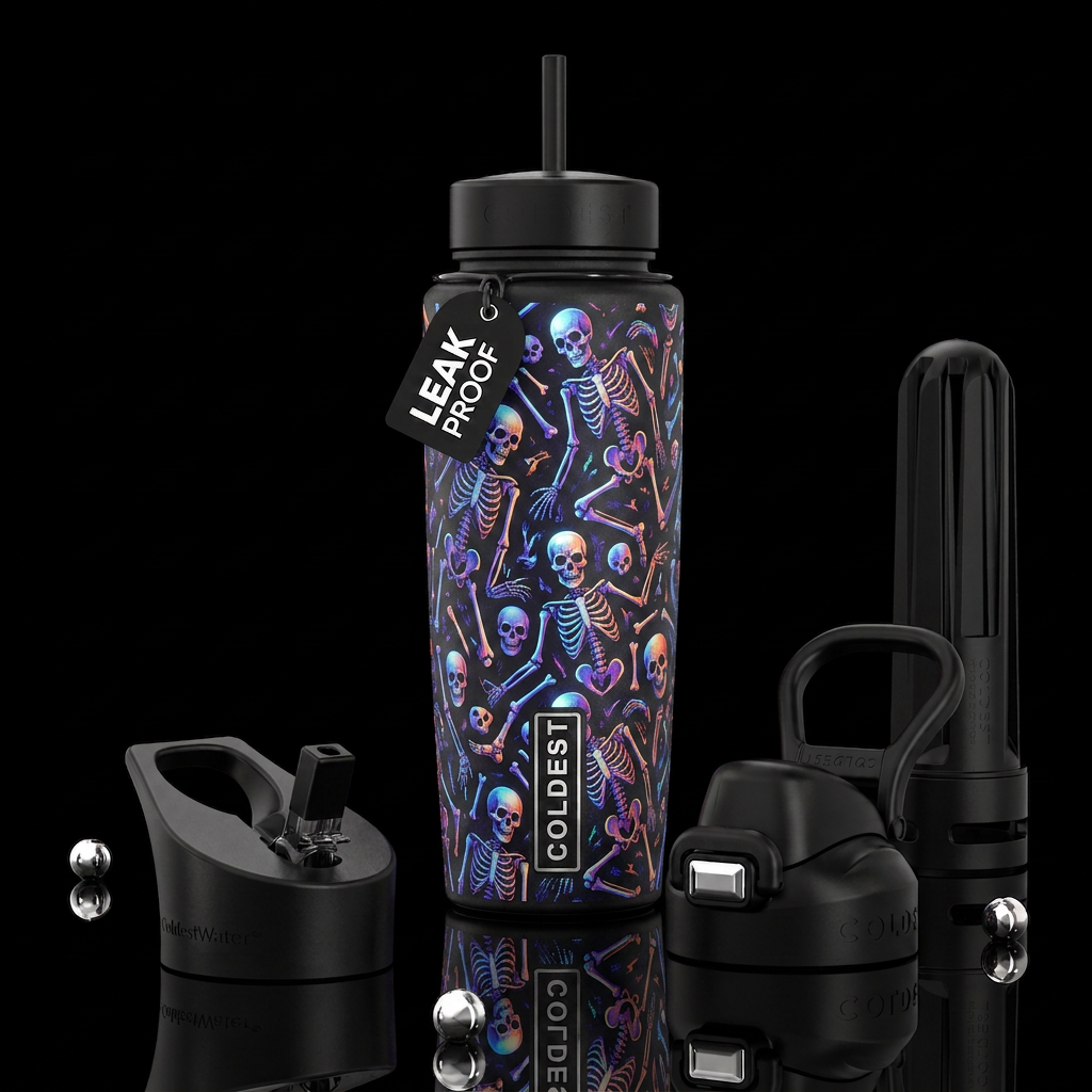 Black bottle, white Scary skeleton water bottle design