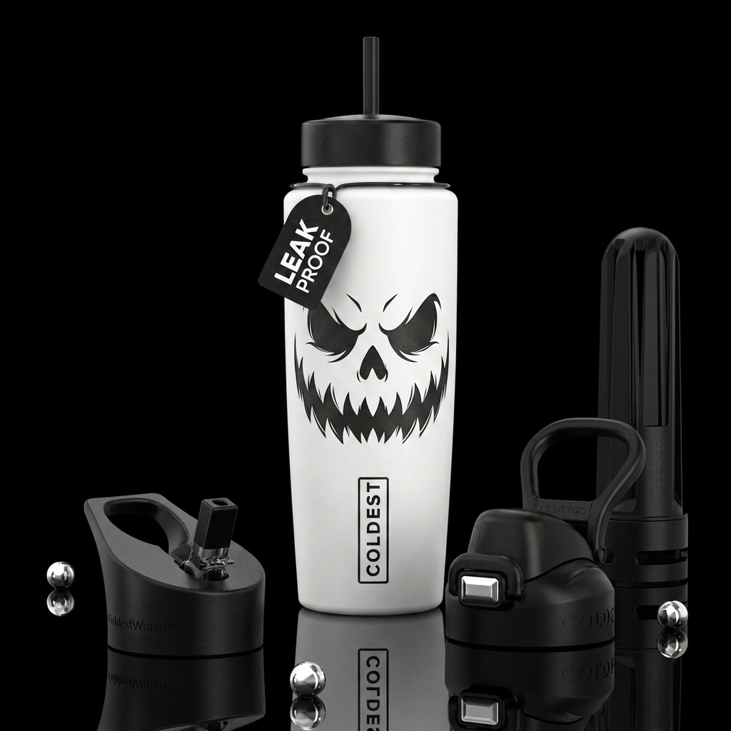 White bottle, black lids, scary white jack-o-lante... water bottle design