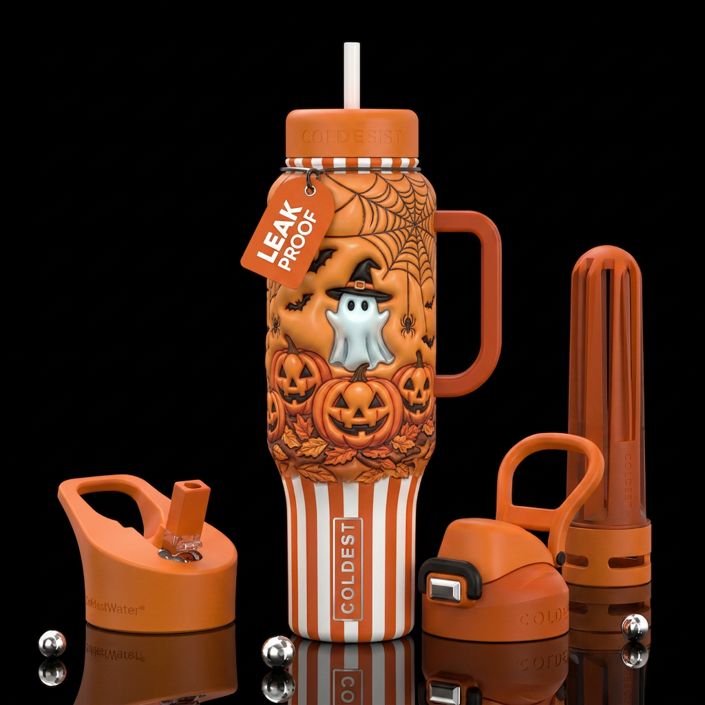 White and orange vertical stripes, jack-o-lanters ... water bottle design