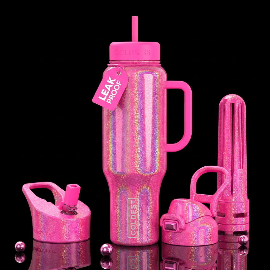 Neon pink with holographic glitter water bottle design