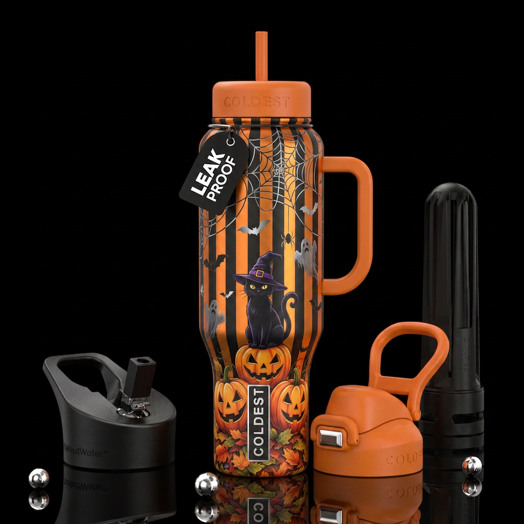 Black and orange vertical stripes, jack-o-lanters ... water bottle design