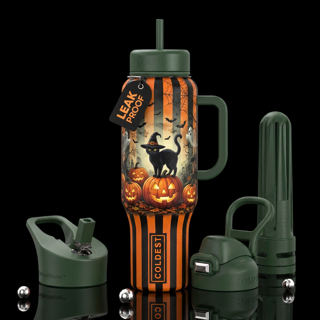 Black and orange vertical stripes, jack-o-lanters ... water bottle design
