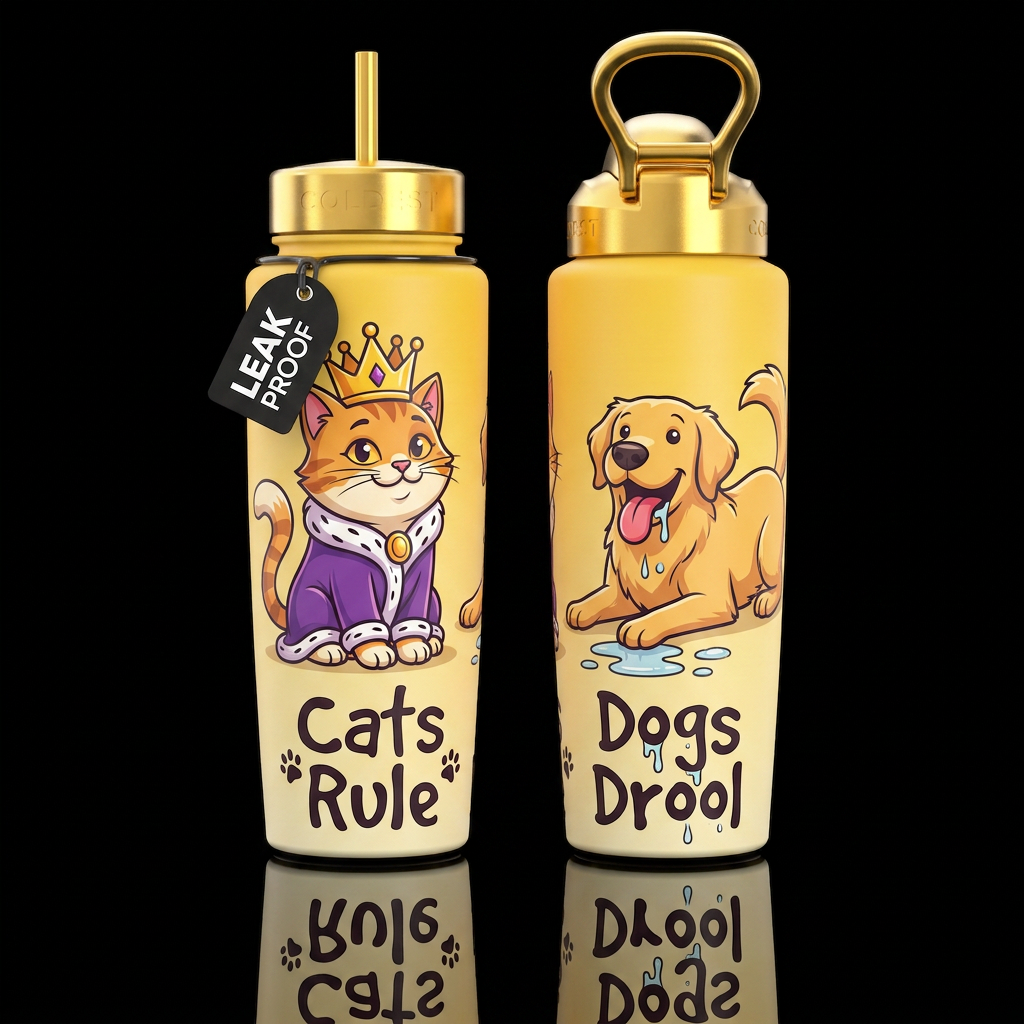 Cartoon King cat, dog laying down drooling, "cats ... water bottle design