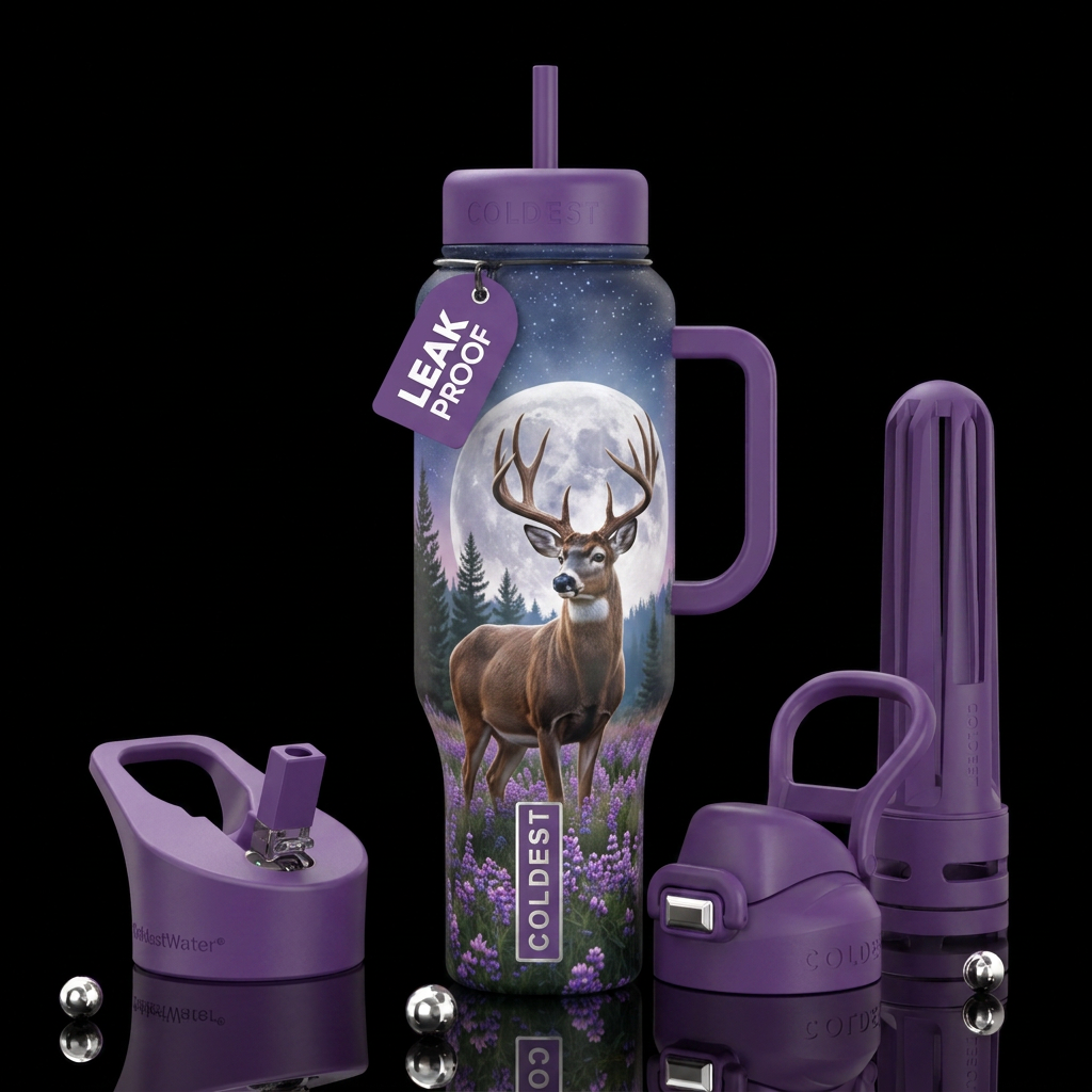 pine trees in the distance, stars, full moon in th... water bottle design