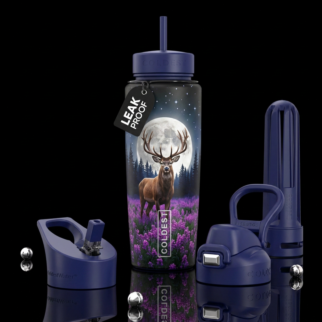 pine trees in the distance, stars, full moon in th... water bottle design