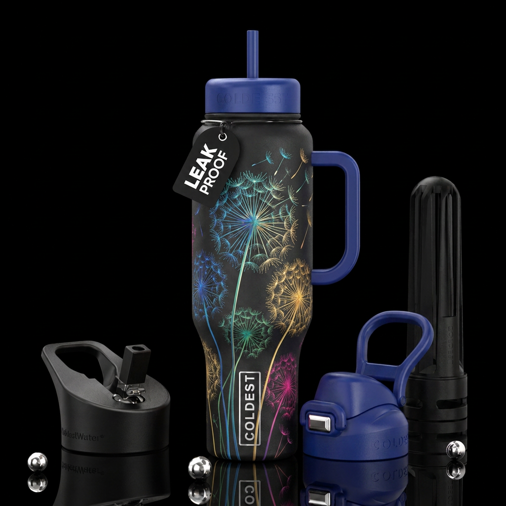 Tall thin dandelion blowballs water bottle design