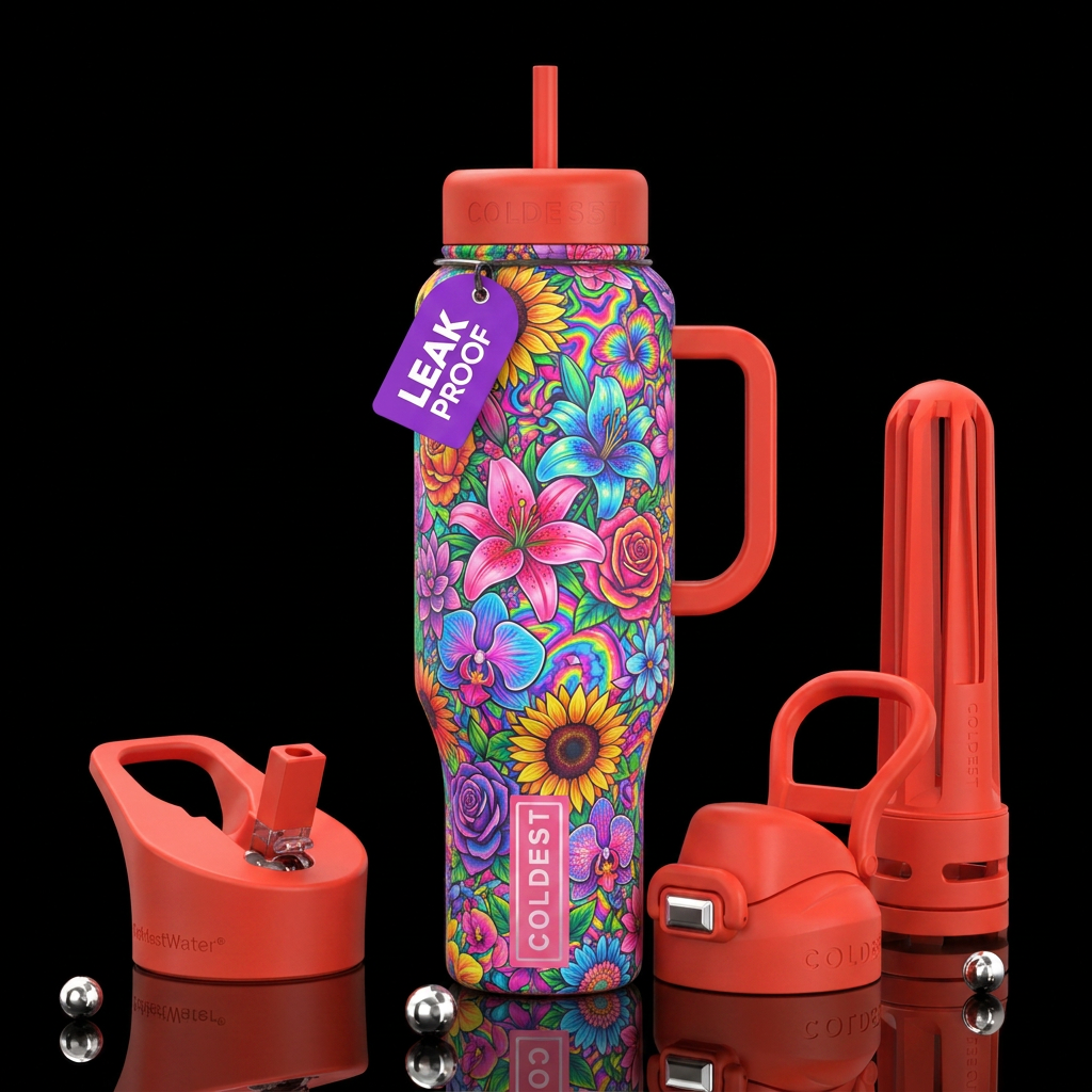Technicolor flowers water bottle design
