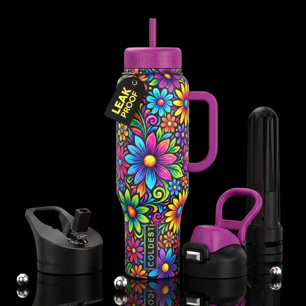Technicolor flowers water bottle design