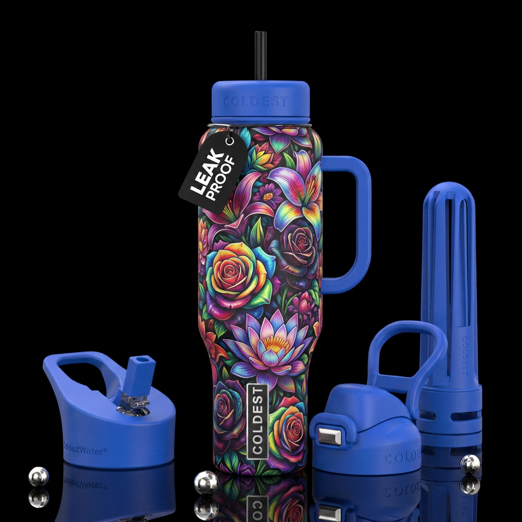 Technicolor flowers water bottle design