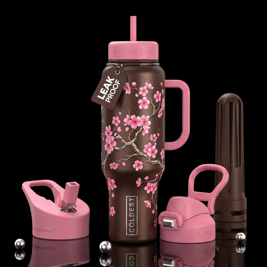 Brown bottle, solid pink lids, pink cherry blossom... water bottle design