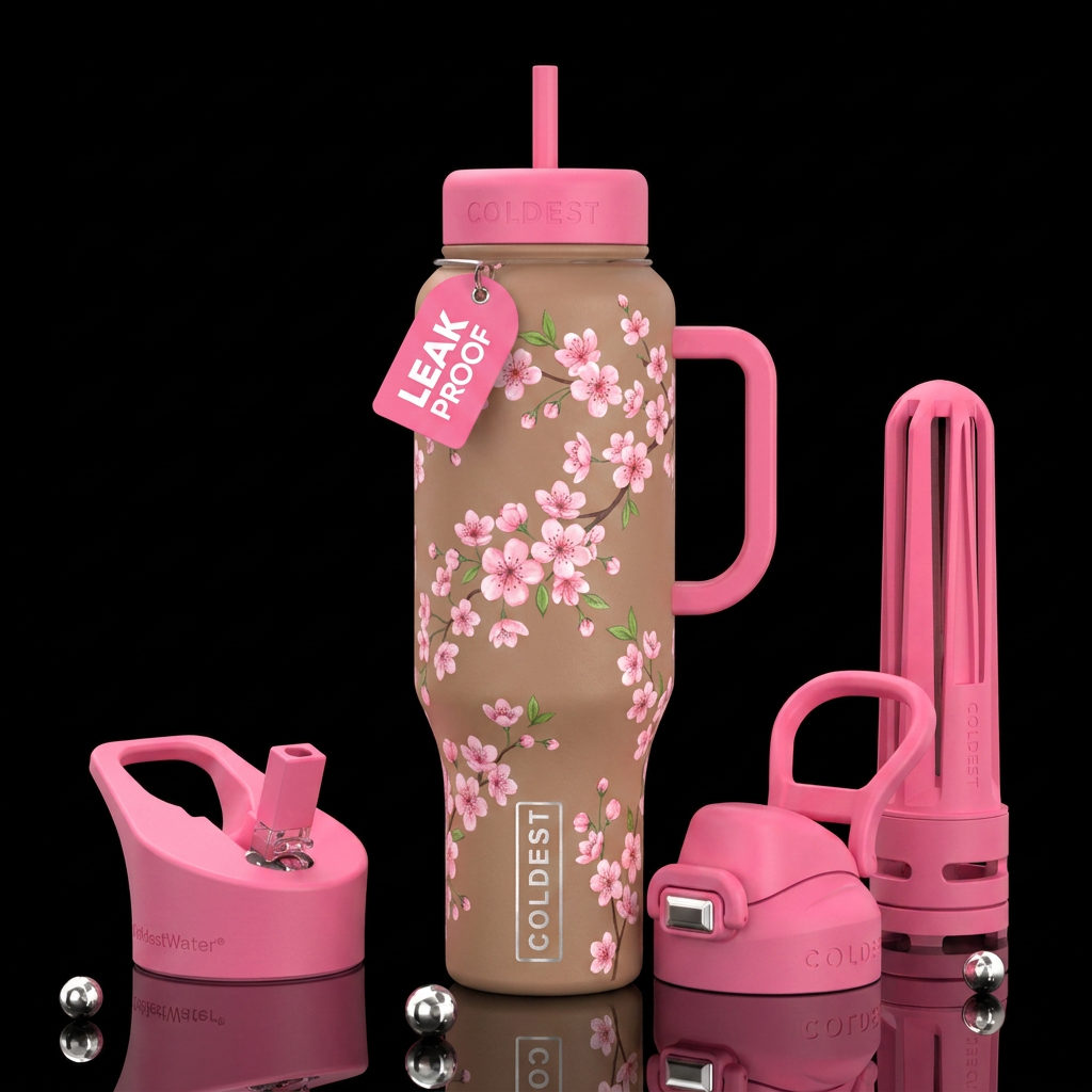 Light Brown bottle, solid pink lids, pink cherry b... water bottle design