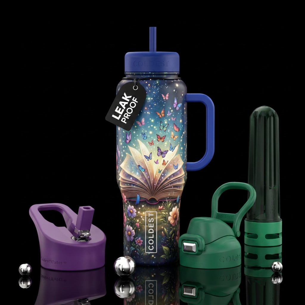 Open book, pages turning, small butterflies flying... water bottle design