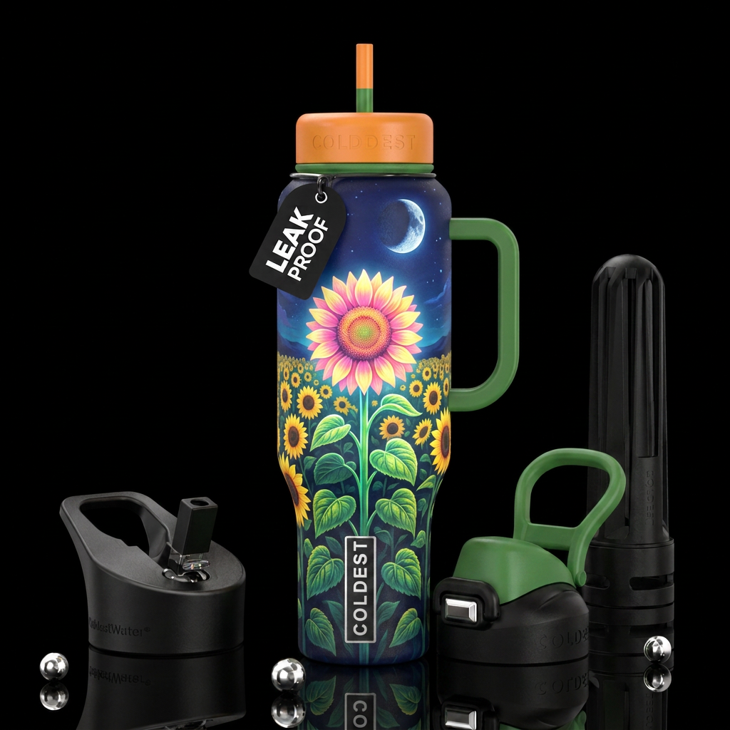 Night time, moon, sunflower field, one big tall su... water bottle design
