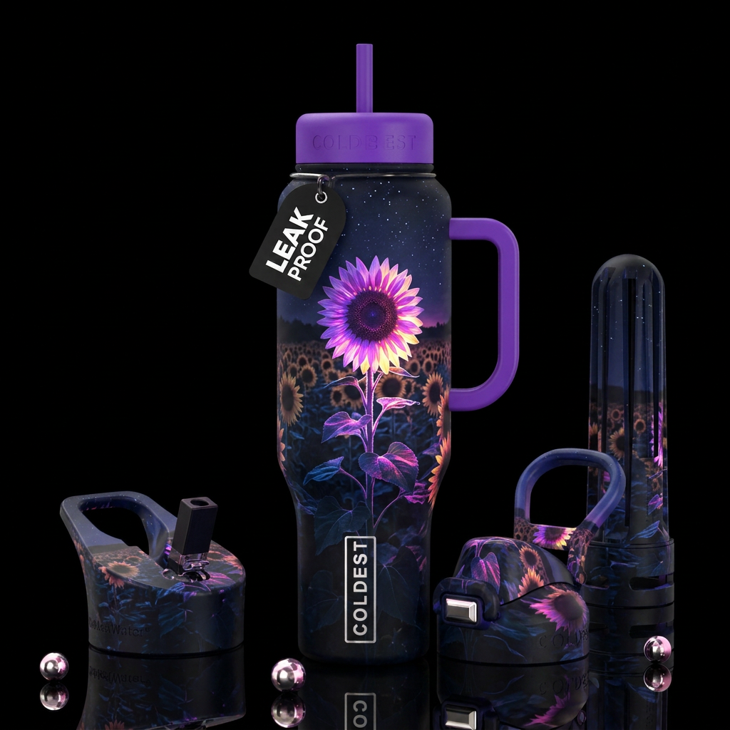Night time, sunflower field, one big tall sunflowe... water bottle design