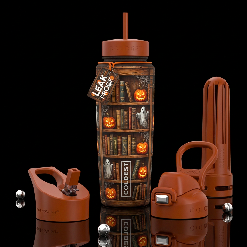Large Wooden book shelf, ghosts and lit up jack-o-... water bottle design