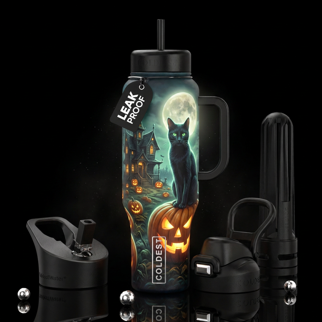 Pumpkin patch, scary house in the distance woth li... water bottle design